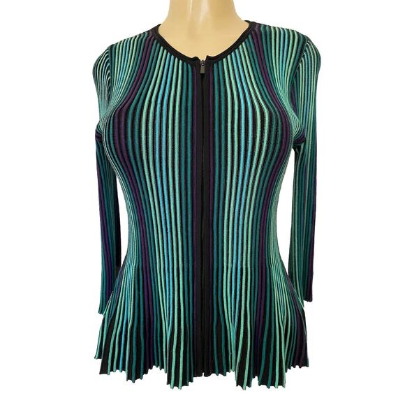 St John Ribbed Knit Peplum Sweater Top Striped 3/4 Sleeve Zip Front Blue… - Picture 1 of 9
